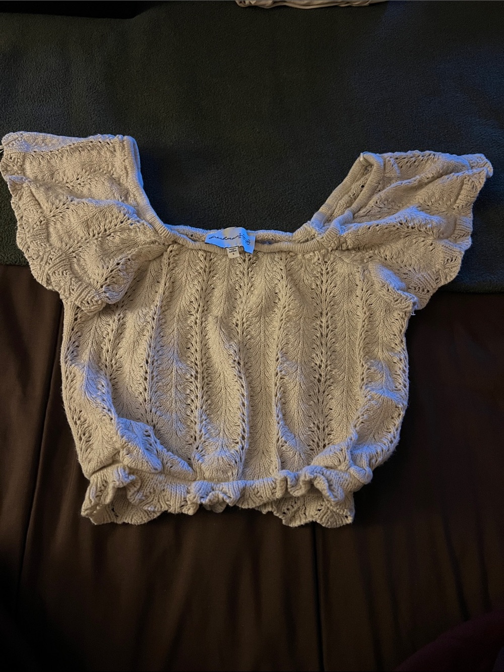 Textured Ruffle Short-Sleeve Top in Light Beige
